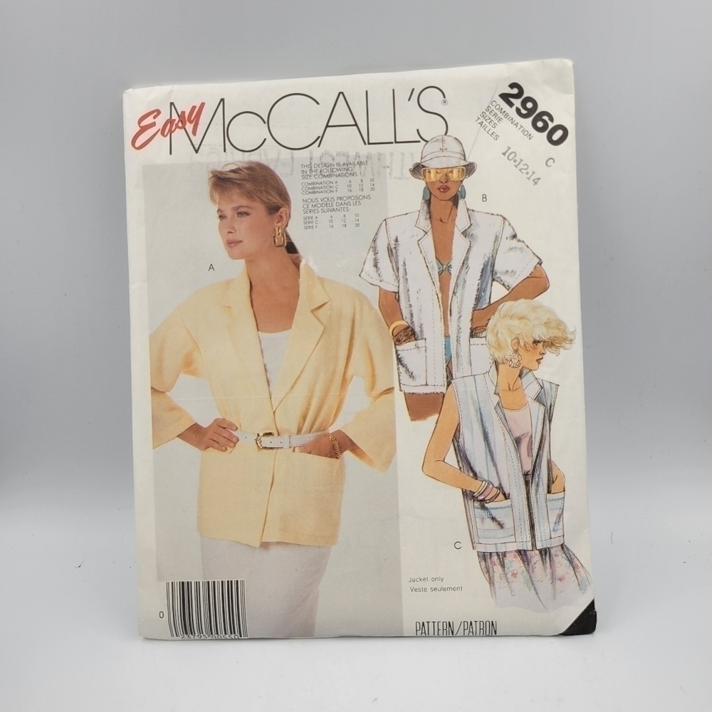 Vintage McCall's 2960 Misses Jacket Pattern - Sizes 10 12 14 Uncut